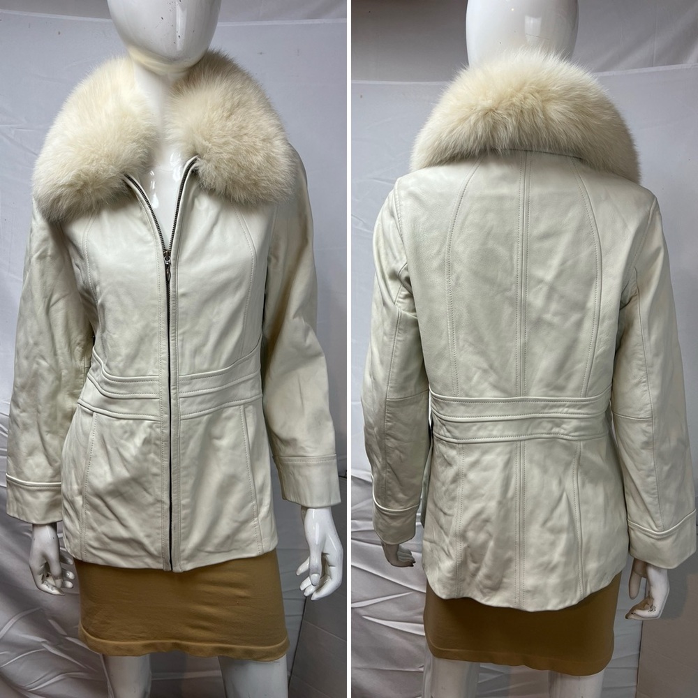 Preston & York Lamb Skin Leather Jacket Cream Rabbit Fur Collar Women’s Small